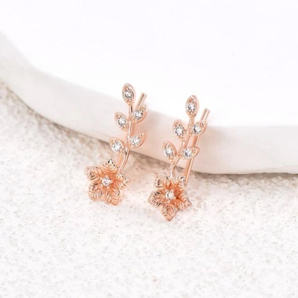 Cubic Zirconia Flower Ear Climbers Stud Earrings Rose Gold - Picture 3 of 8
